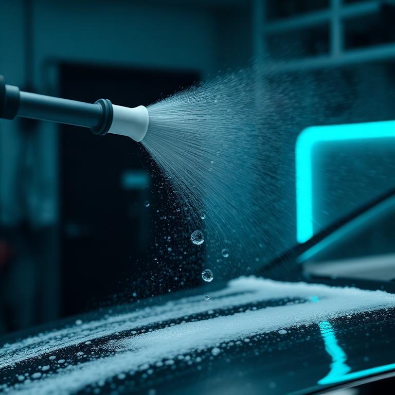 Foam cannon spraying suds over a car panel