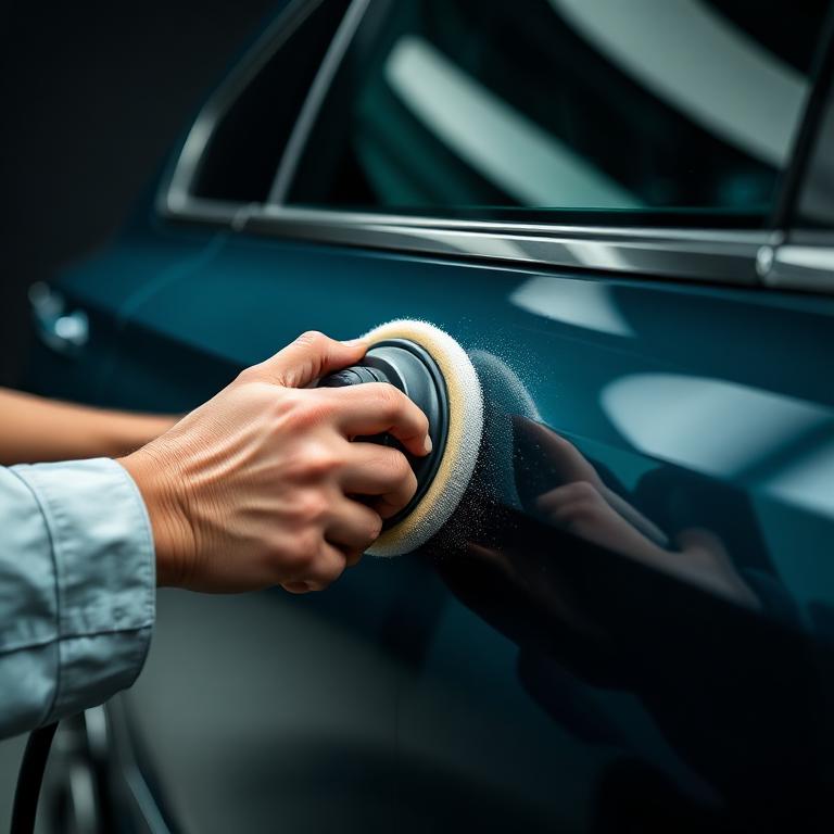 Detailer machine-polishing a car door panel